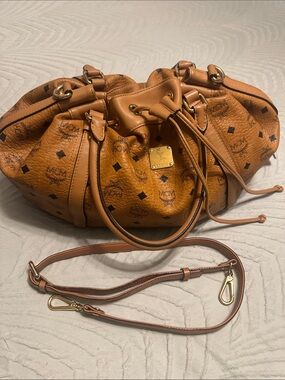 MCM Visetos Cognac Drawstring Shoulder Satchel